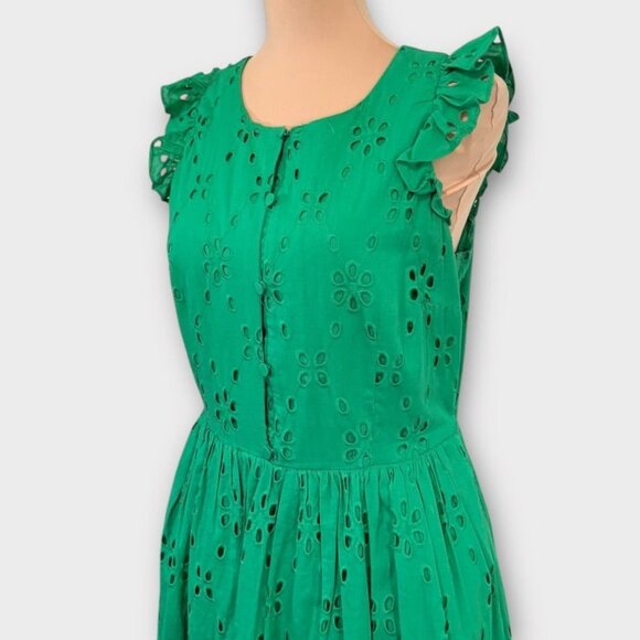 J.Crew Eyelet Midi Tiered Dress 4 Green Boho Peasant Ruffle Preppy Spring - Picture 3 of 6